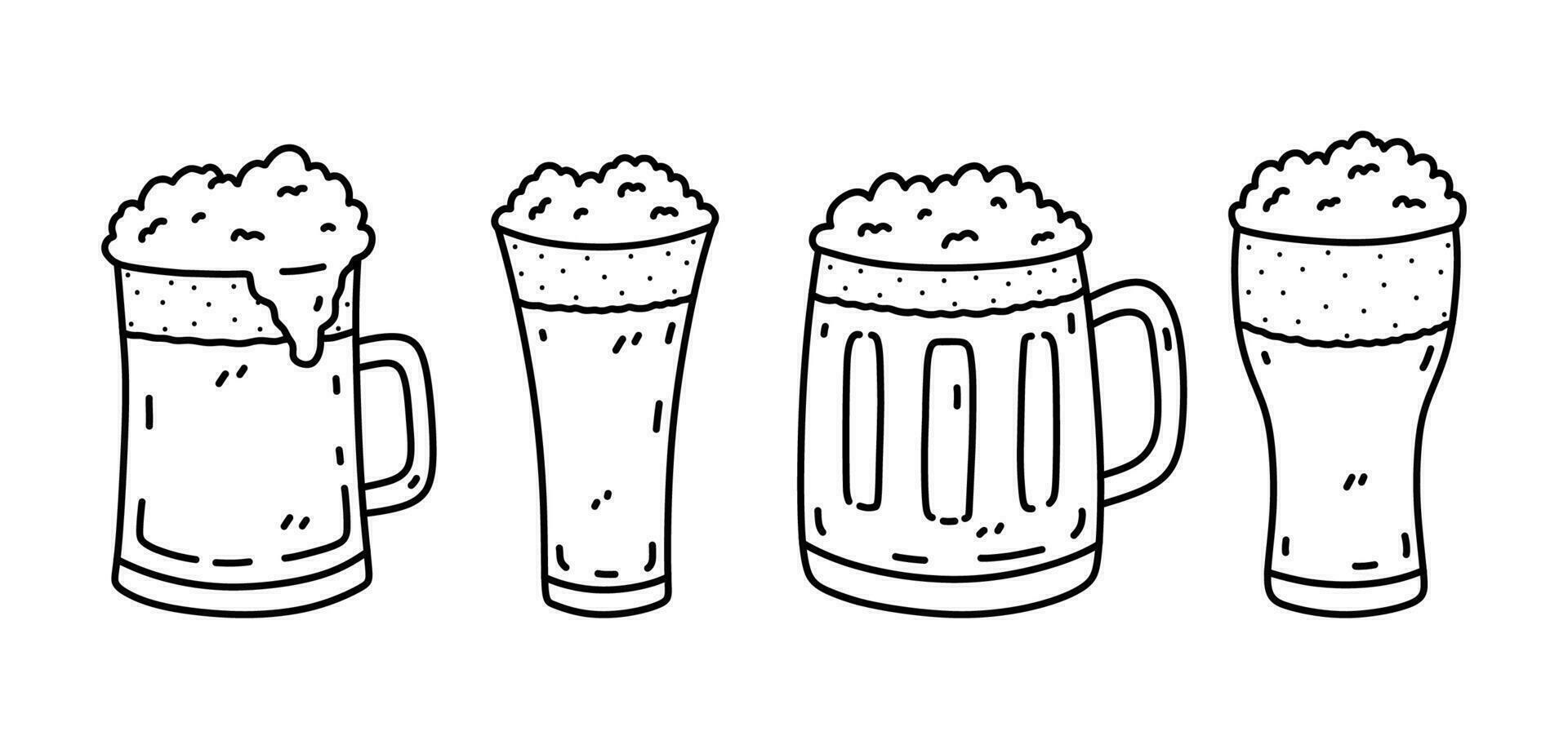 Glasses with beer isolated on white background. Alcoholic beverages. Vector hand-drawn illustration in doodle style. Perfect for cards, menu, decorations, logo, various designs.