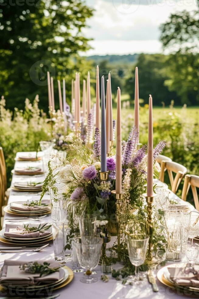 Wedding tablescape, elegant formal dinner table setting, table scape with lavender decoration for holiday party event celebration, generative ai photo