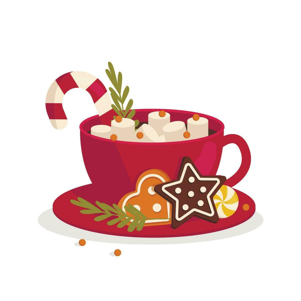 Christmas mug with hot drink. Marshmallow, cookie chips, gingerbread, candy, lollipop. Vector graphic.