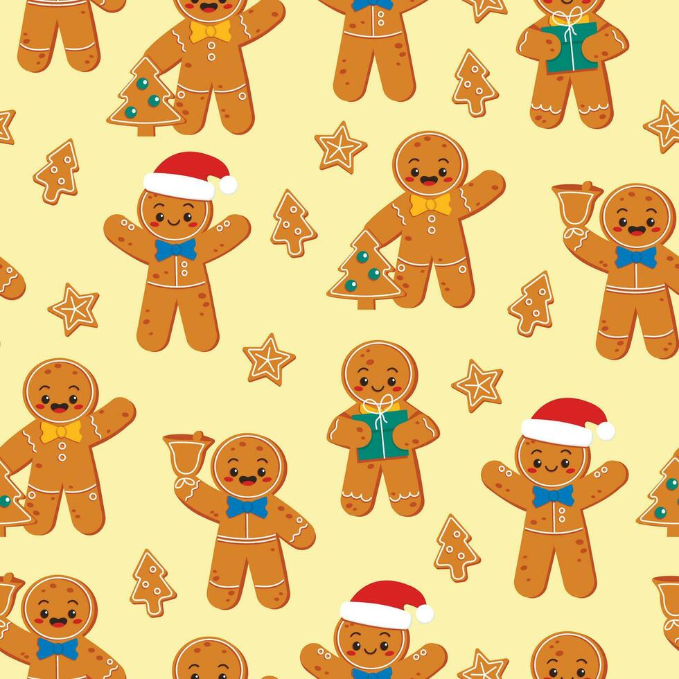 Seamless pattern with cute gingerbread character. Merry Christmas. Vector graphic.