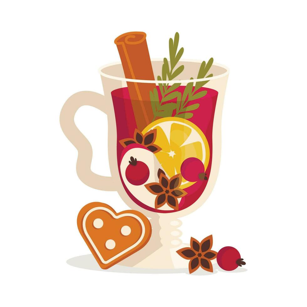 Navidad vaso con caliente beber. reflexionado vino. canela, limón, manzana, anís, especias, pan de jengibre, bayas, vino o jugo. vector gráfico.