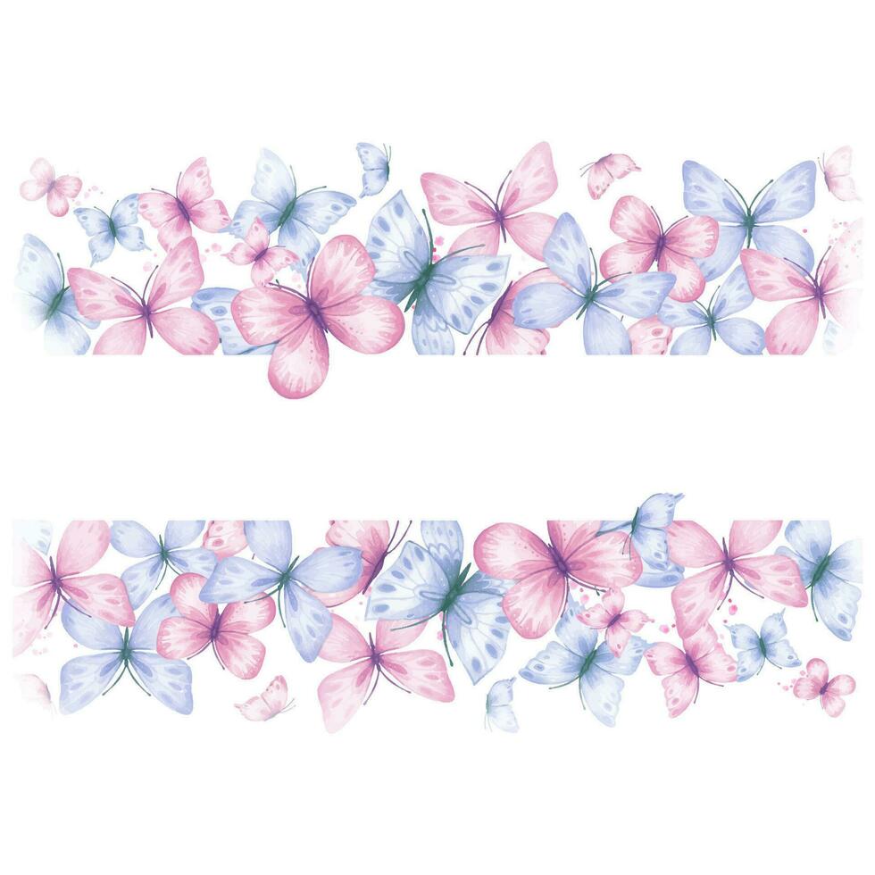 Horizontal border with abstract blue and pink butterflies, watercolor. Background with butterflies. vector