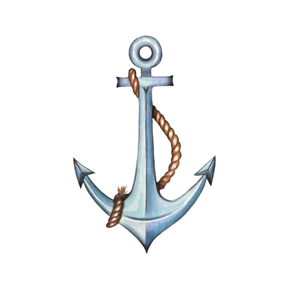 Metal ship anchor. Nautical watercolor illustration vector