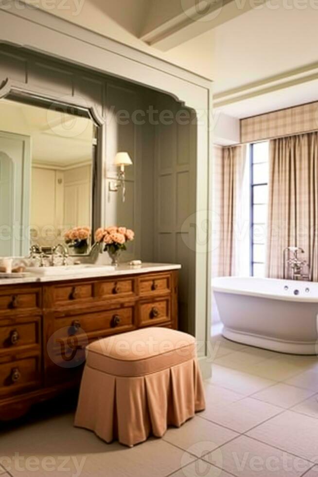 Classic bathroom decor, interior design and home improvement, bathtub and bathroom furniture, English country house and cottage style, generative ai photo