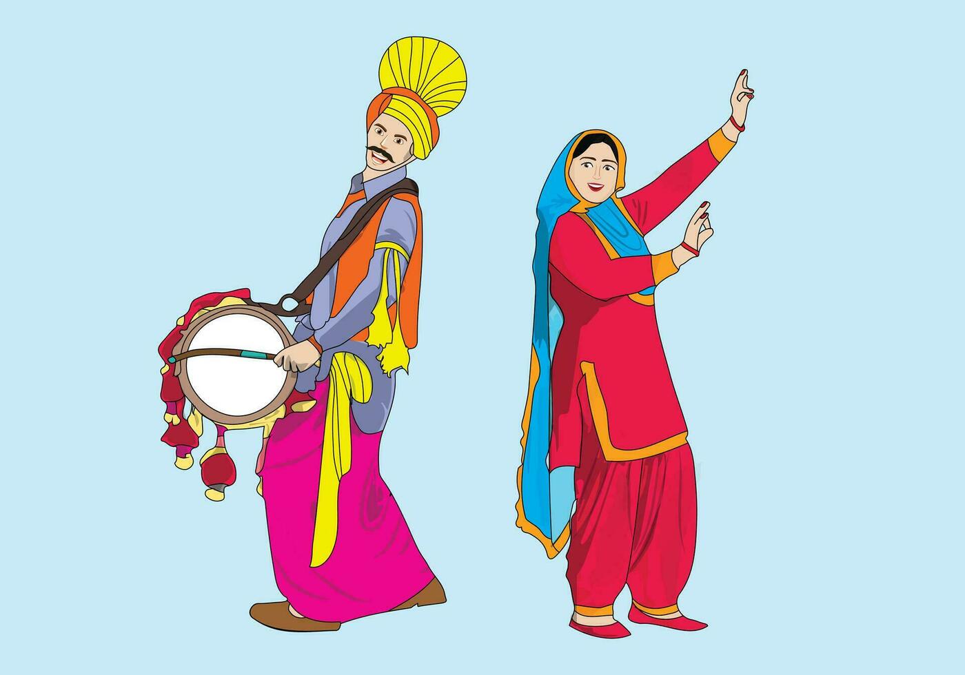 Punjabi couple dancing with dhool vector