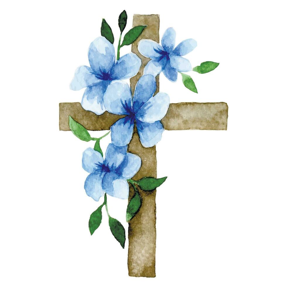 Watercolor drawing, Christian cross with flowers. religious symbol, Easter holiday. vector