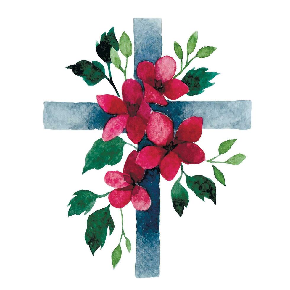 Watercolor drawing, Christian cross with flowers. religious symbol, Easter holiday. vector