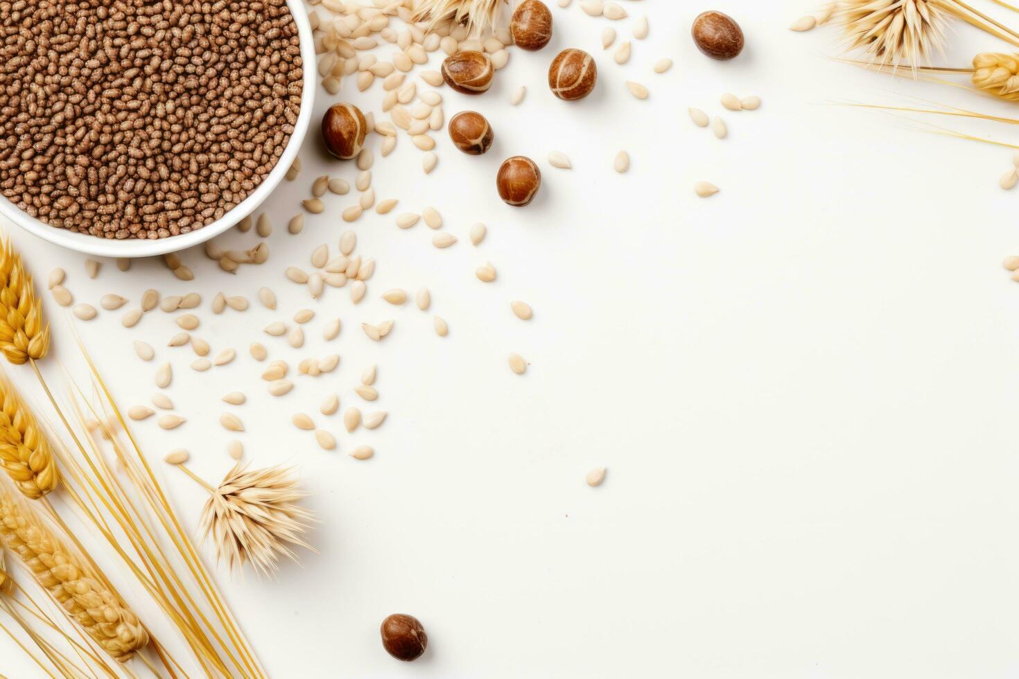 Healthy food, grains. Grains scattered on a white table. photo