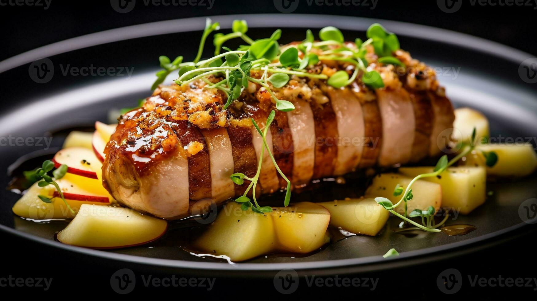 foto de salchicha y manzana relleno Cerdo lomo como un plato en un gama alta restaurante. generativo ai
