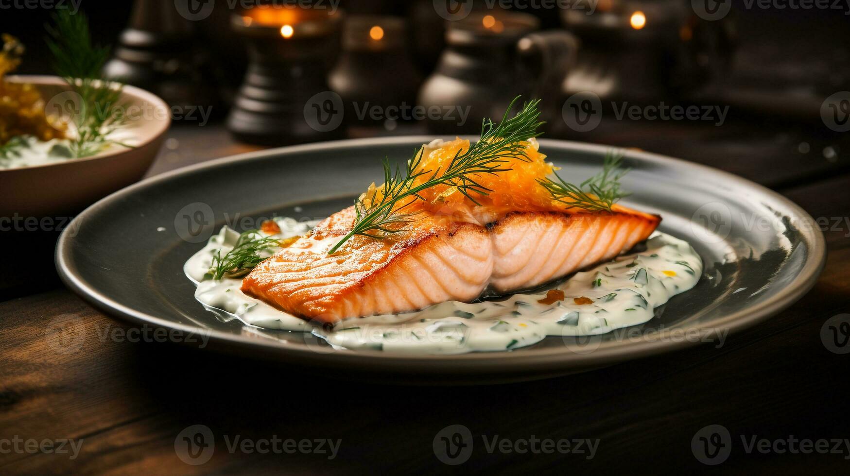 Photo of Salmon with Dill Sauce as a dish in a high-end restaurant. Generative AI