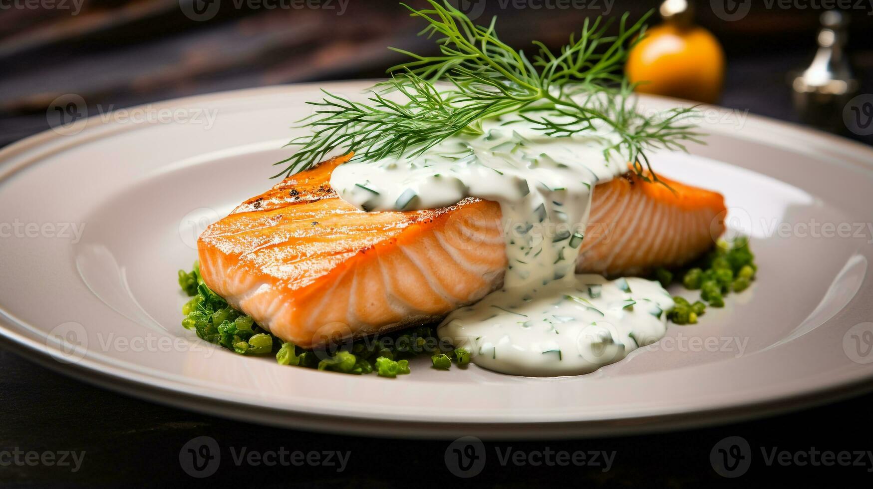 Photo of Salmon with Dill Sauce as a dish in a high-end restaurant. Generative AI