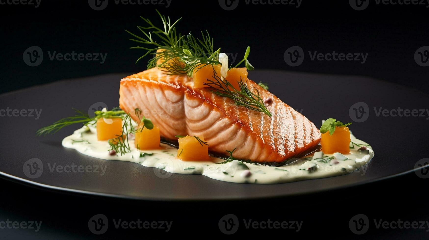 Photo of Salmon with Dill Sauce as a dish in a high-end restaurant. Generative AI