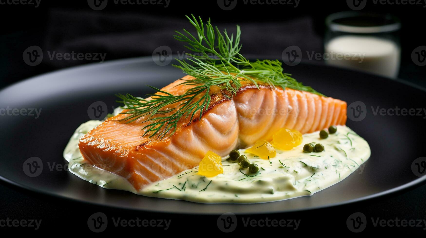 Photo of Salmon with Dill Sauce as a dish in a high-end restaurant. Generative AI