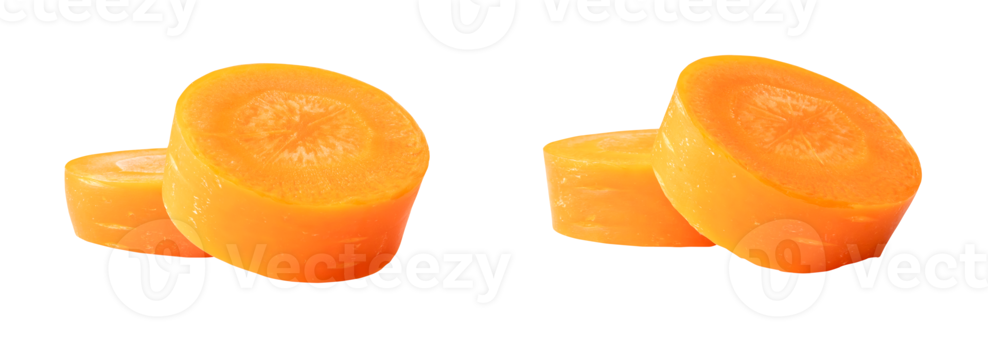 Front view of two pair of separated beautiful orange carrot slices isolated with clipping path in png file format