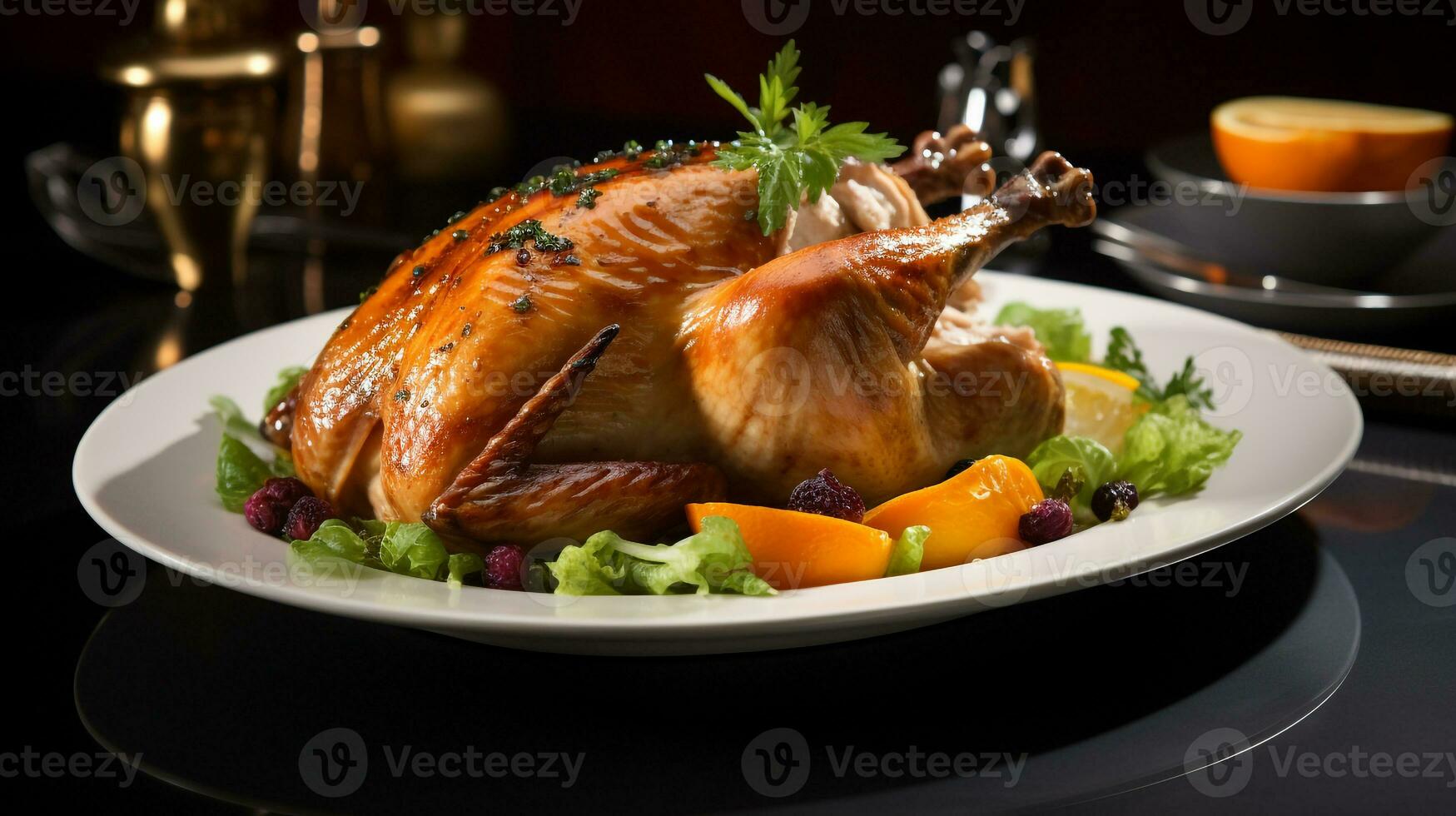 Photo of Roast Turkey with Spring Herbs as a dish in a high-end restaurant. Generative AI