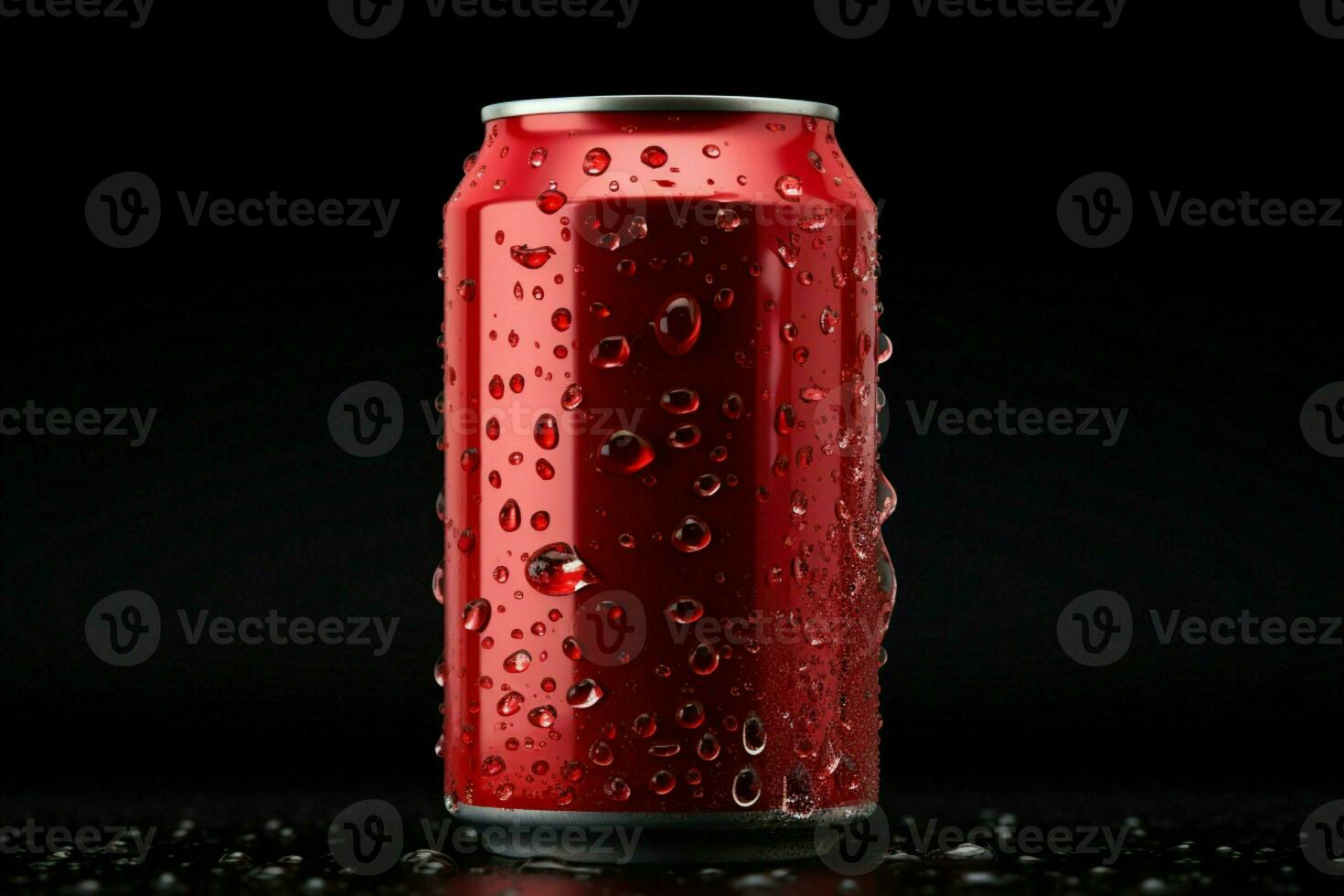 Red aluminum soda can descends, adorned with water droplets, on a black template AI Generated photo