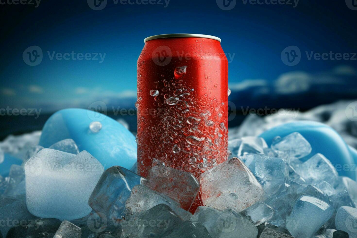 Cold beverage in a can, accompanied by frosty ice cubes, promises summer refreshment AI Generated photo