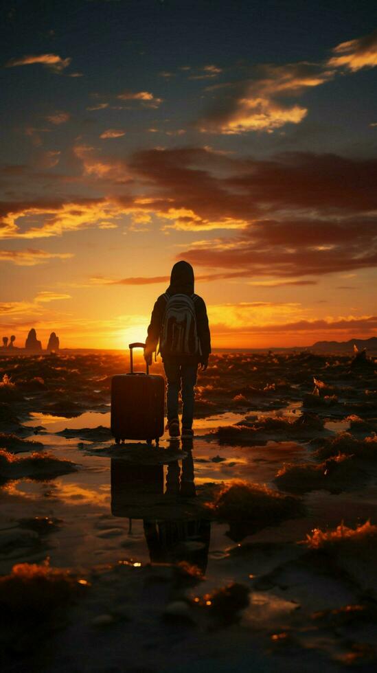 Imaginative travel, silhouette of child on suitcase, against setting sun Vertical Mobile Wallpaper AI Generated photo