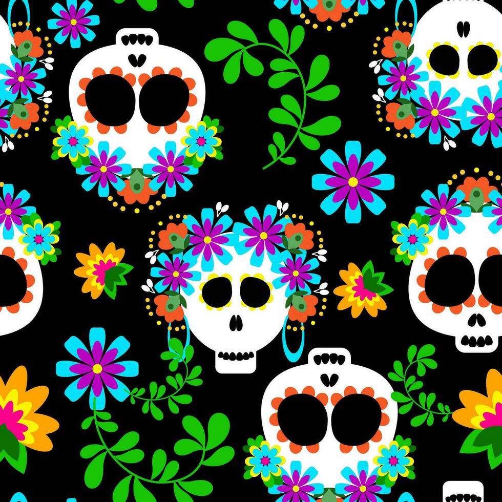 Sugar skull seamless pattern with flowers vector