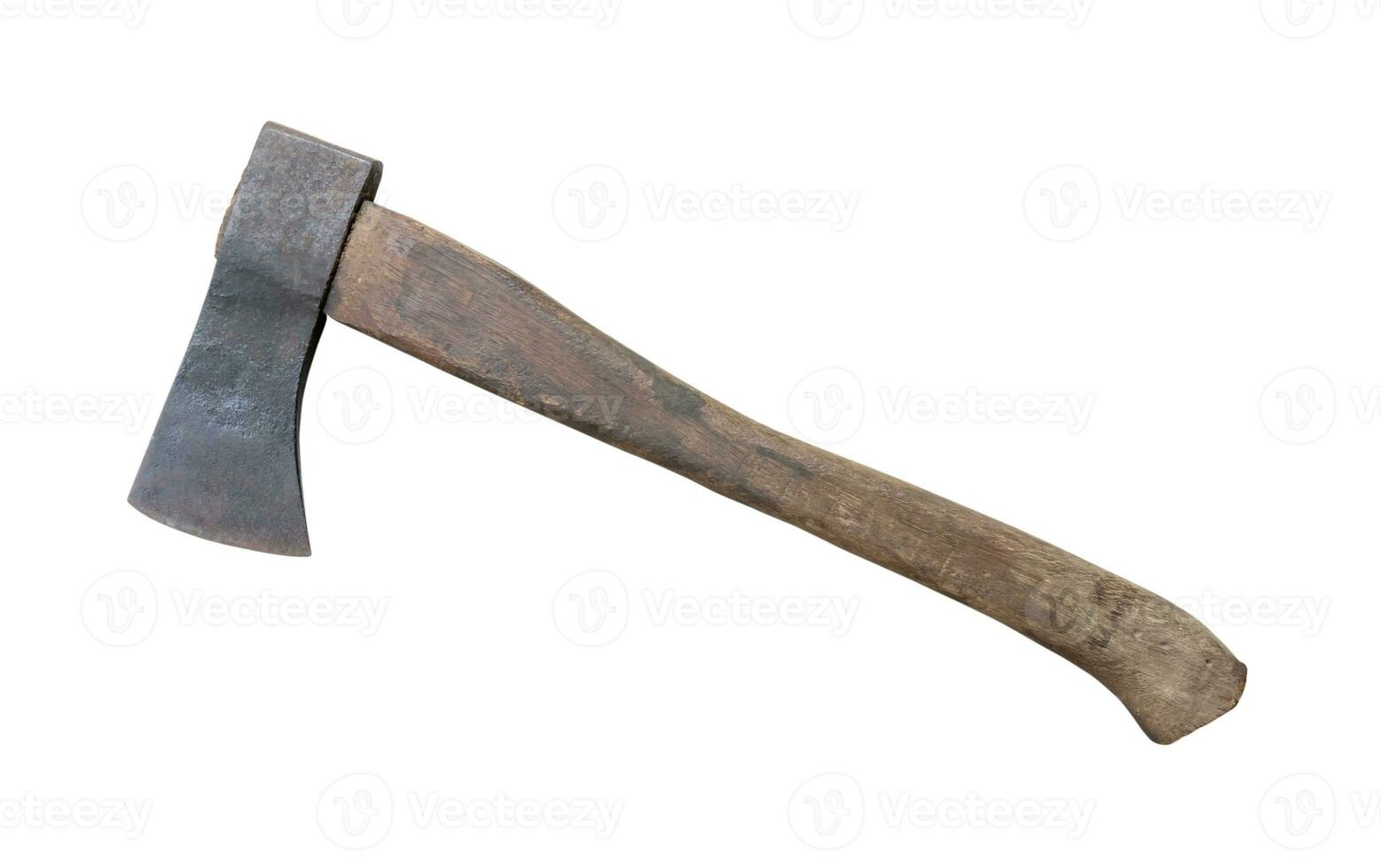 Old rust dirty dark gray axe with brown wooden handle isolated on white background with clipping path photo