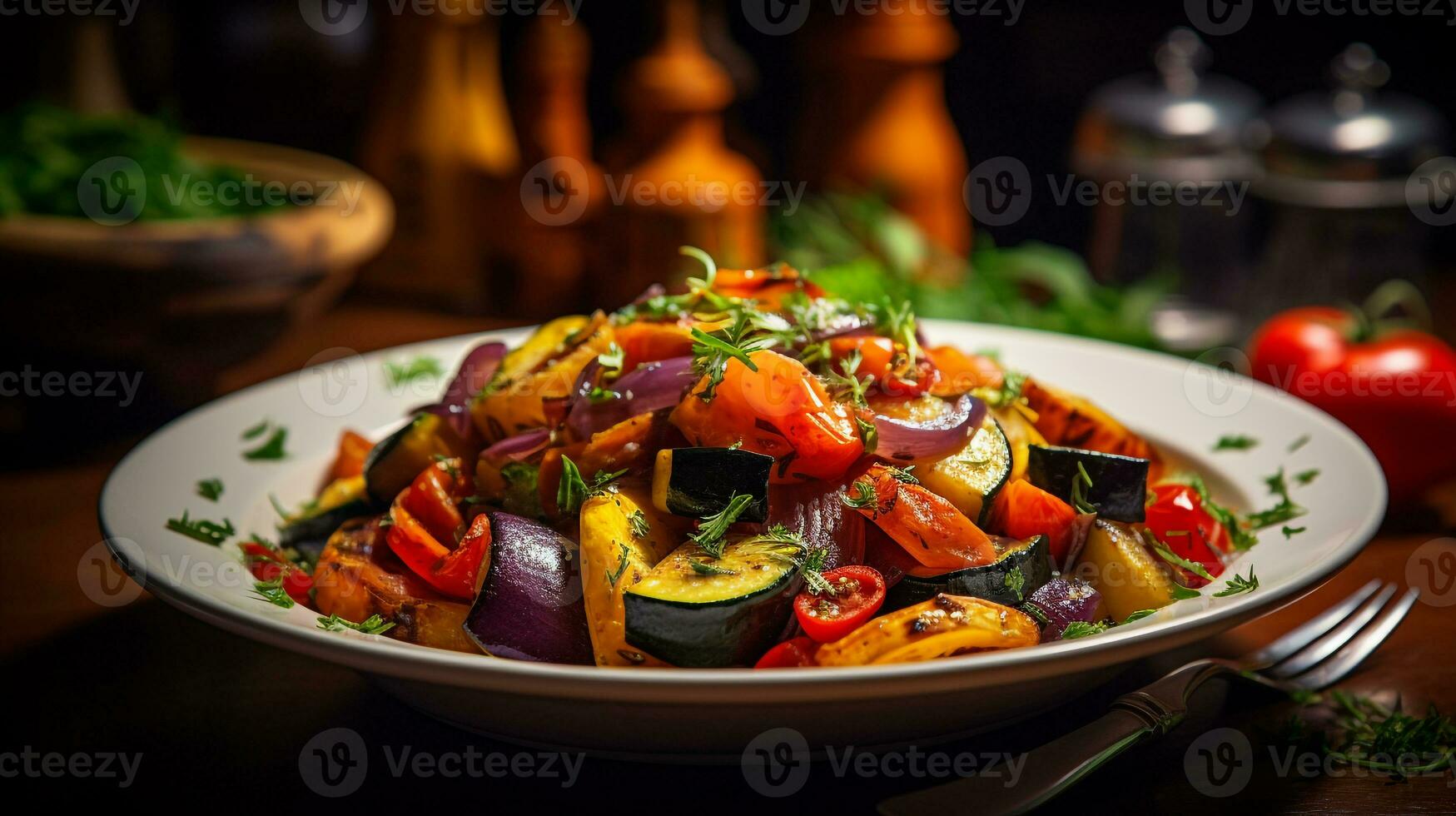 foto de Ratatouille como un plato en un gama alta restaurante. generativo ai