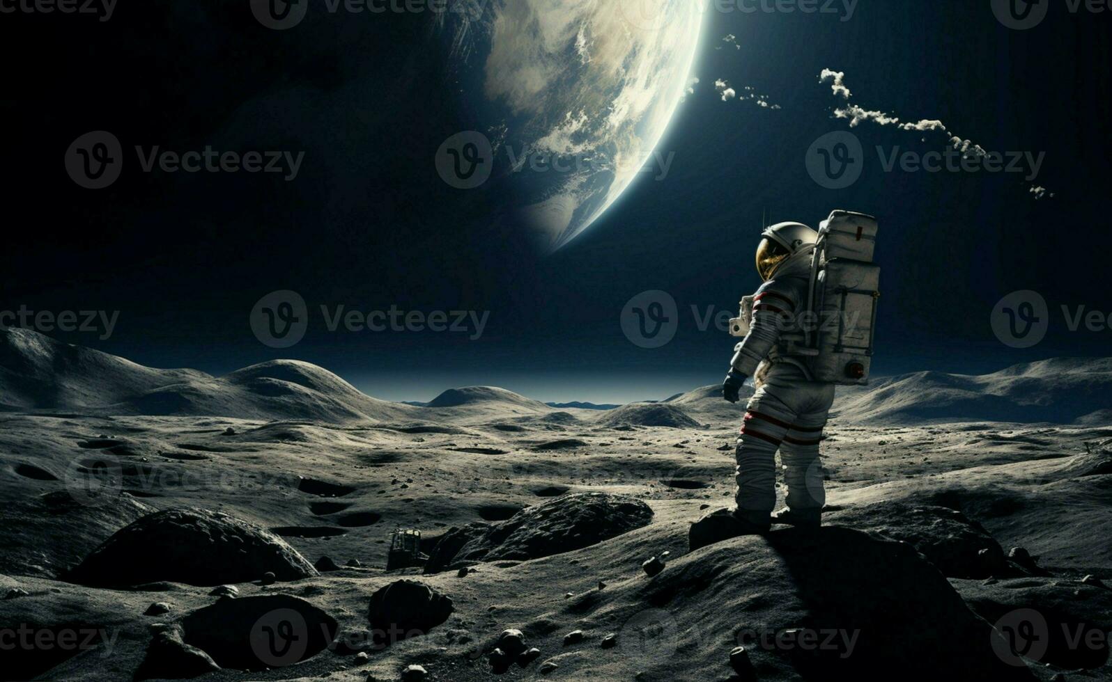 Astronaut on moon stares back at Earth, encapsulating a profound cosmic perspective. AI Generated photo