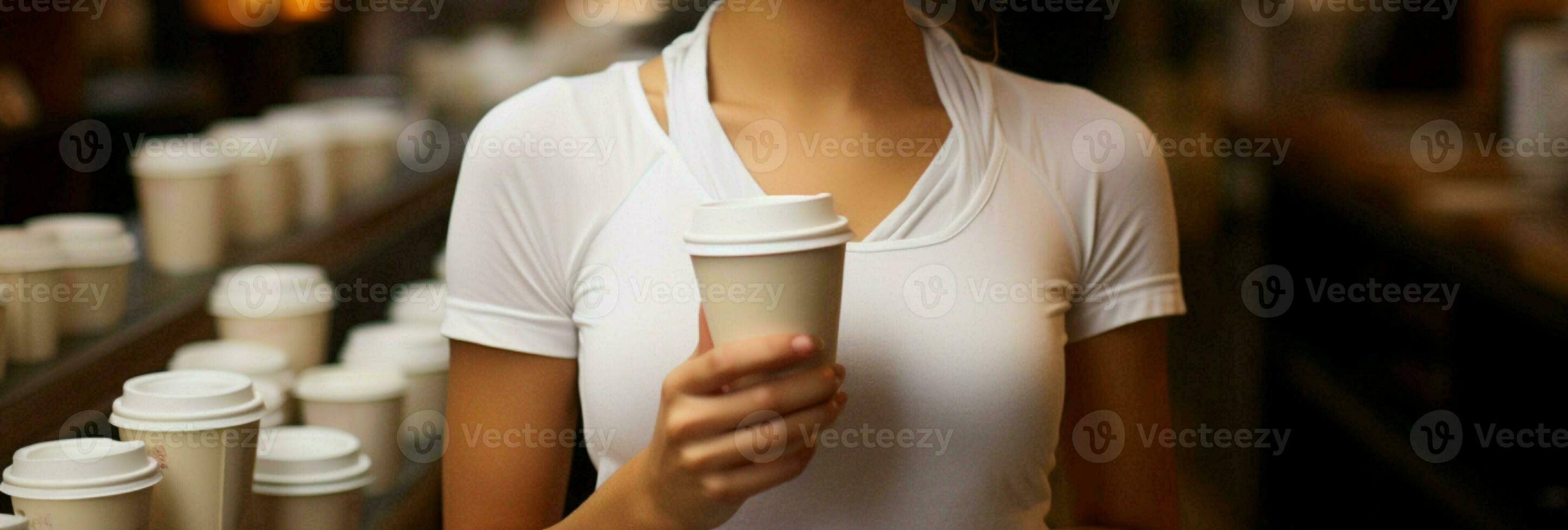 Warm hospitality Waitress offers hot coffee in a paper cup  AI Generated photo