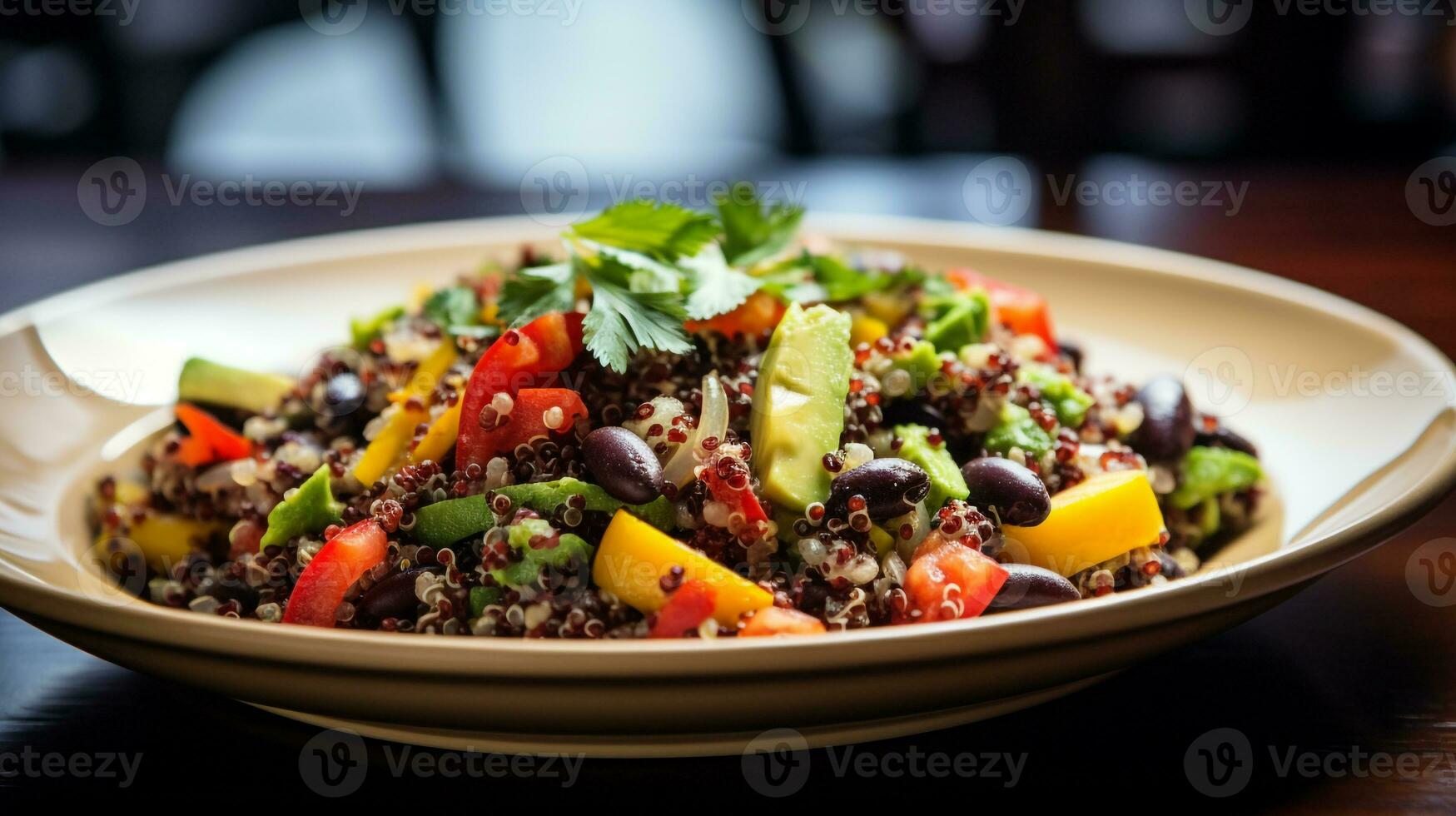 Photo of Quinoa and Black Bean Salad as a dish in a high-end restaurant. Generative AI