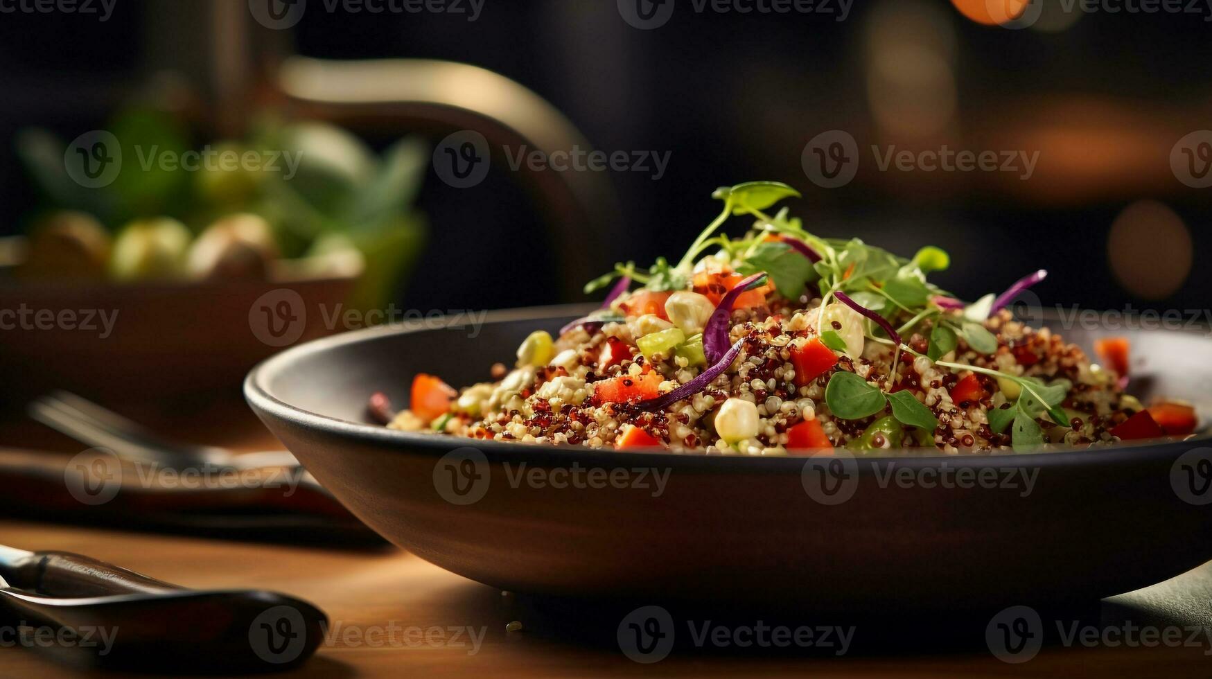 Photo of Quinoa Bowl as a dish in a high-end restaurant. Generative AI