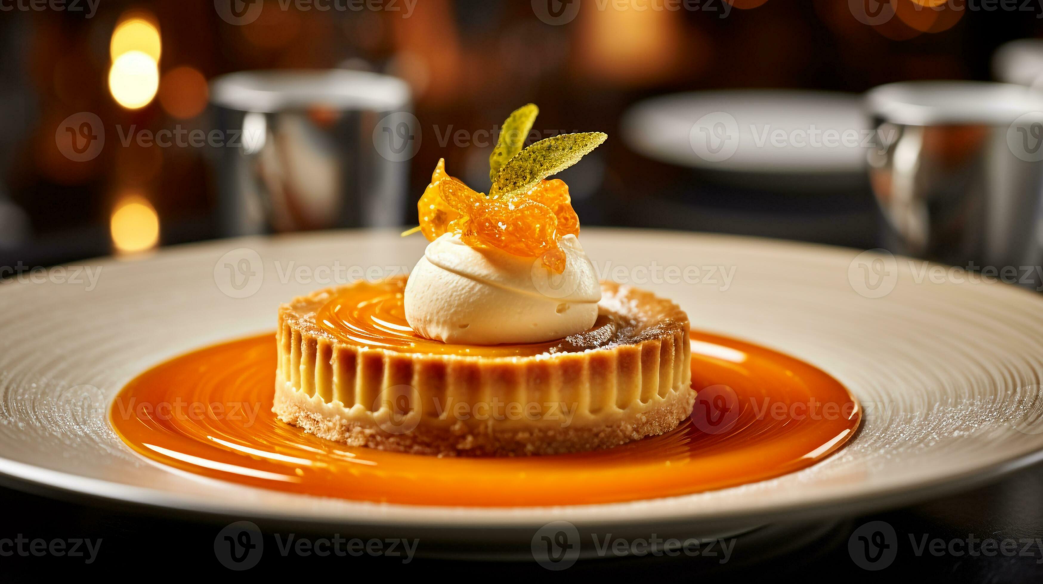 Photo of Pumpkin Pie as a dish in a highend restaurant. Generative AI