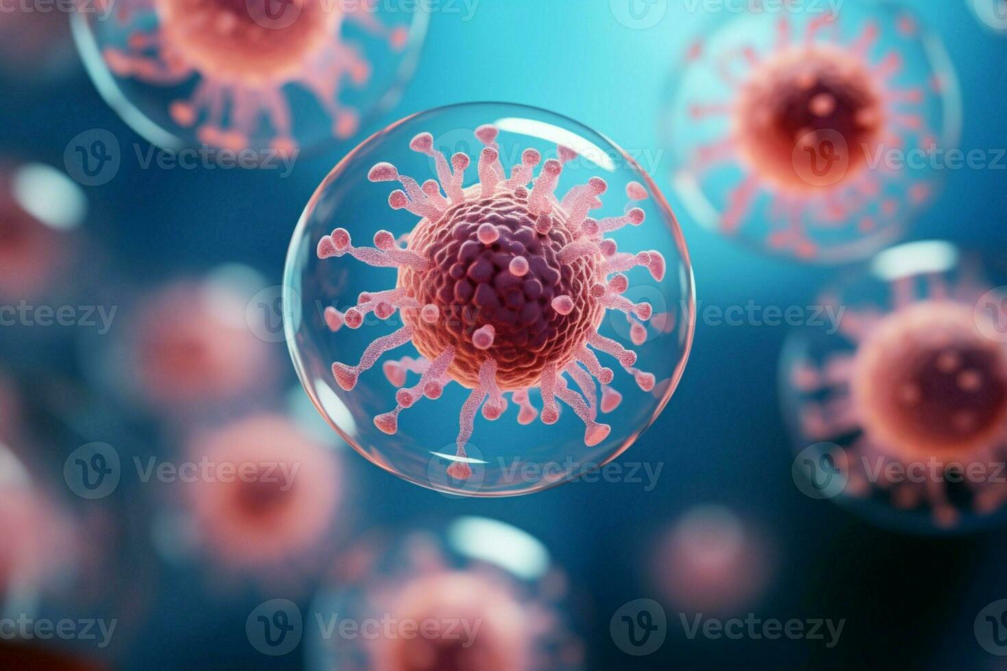 Transparent virus depicted against a cellular background in 3D rendering and digital drawing AI Generated photo