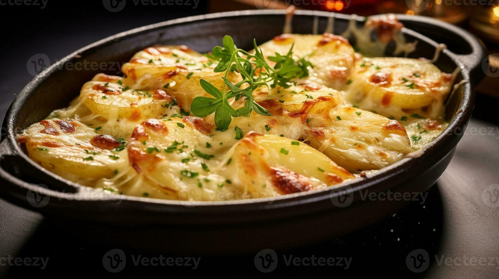 foto de patatas au gratén como un plato en un gama alta restaurante. generativo ai