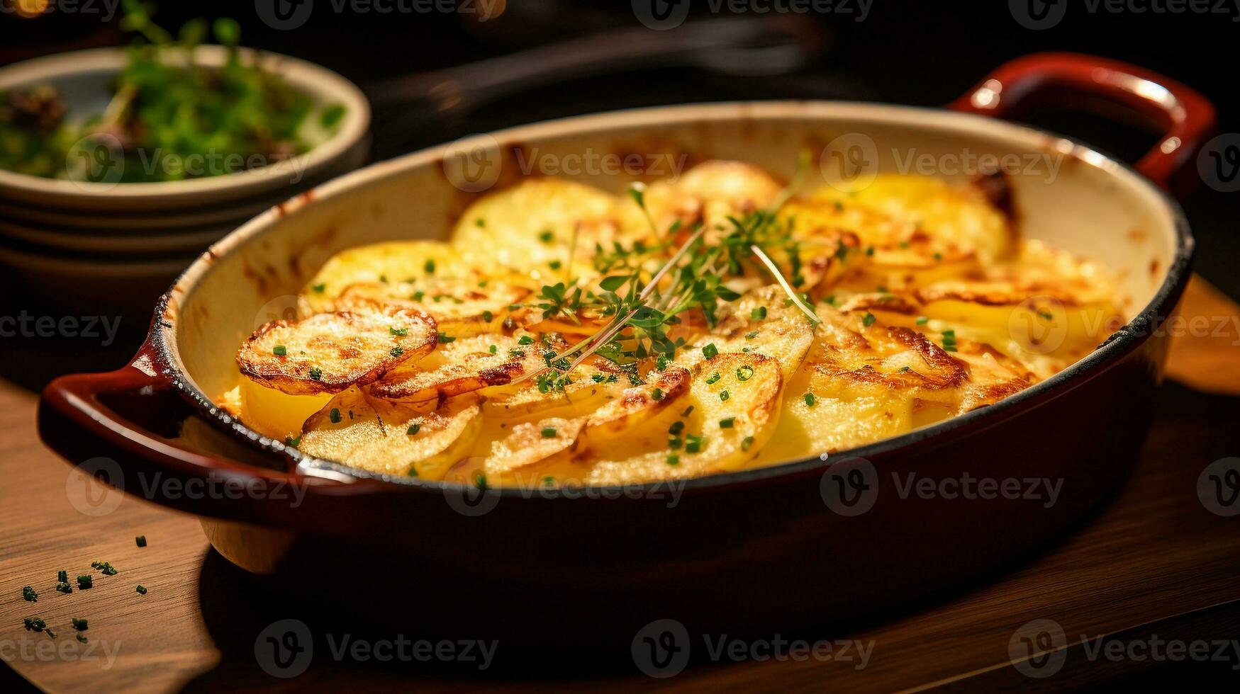 Photo of Potatoes au Gratin as a dish in a high-end restaurant. Generative AI