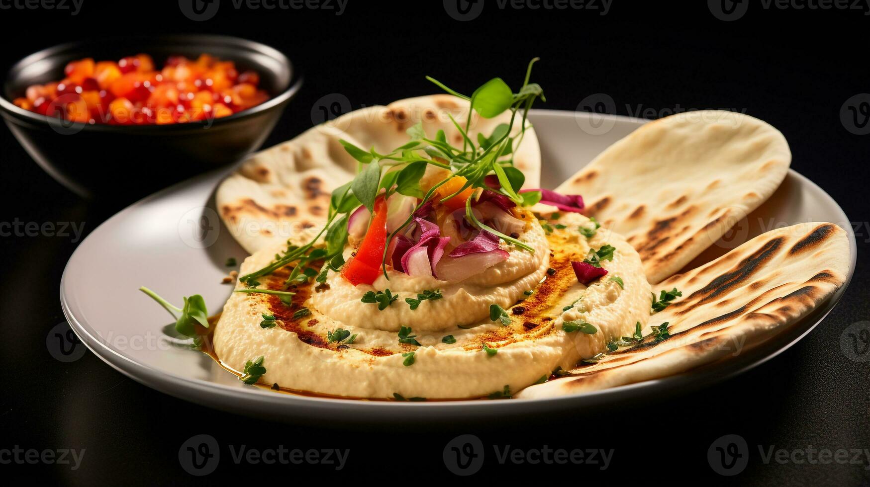 Photo of Pita and Hummus as a dish in a high-end restaurant. Generative AI