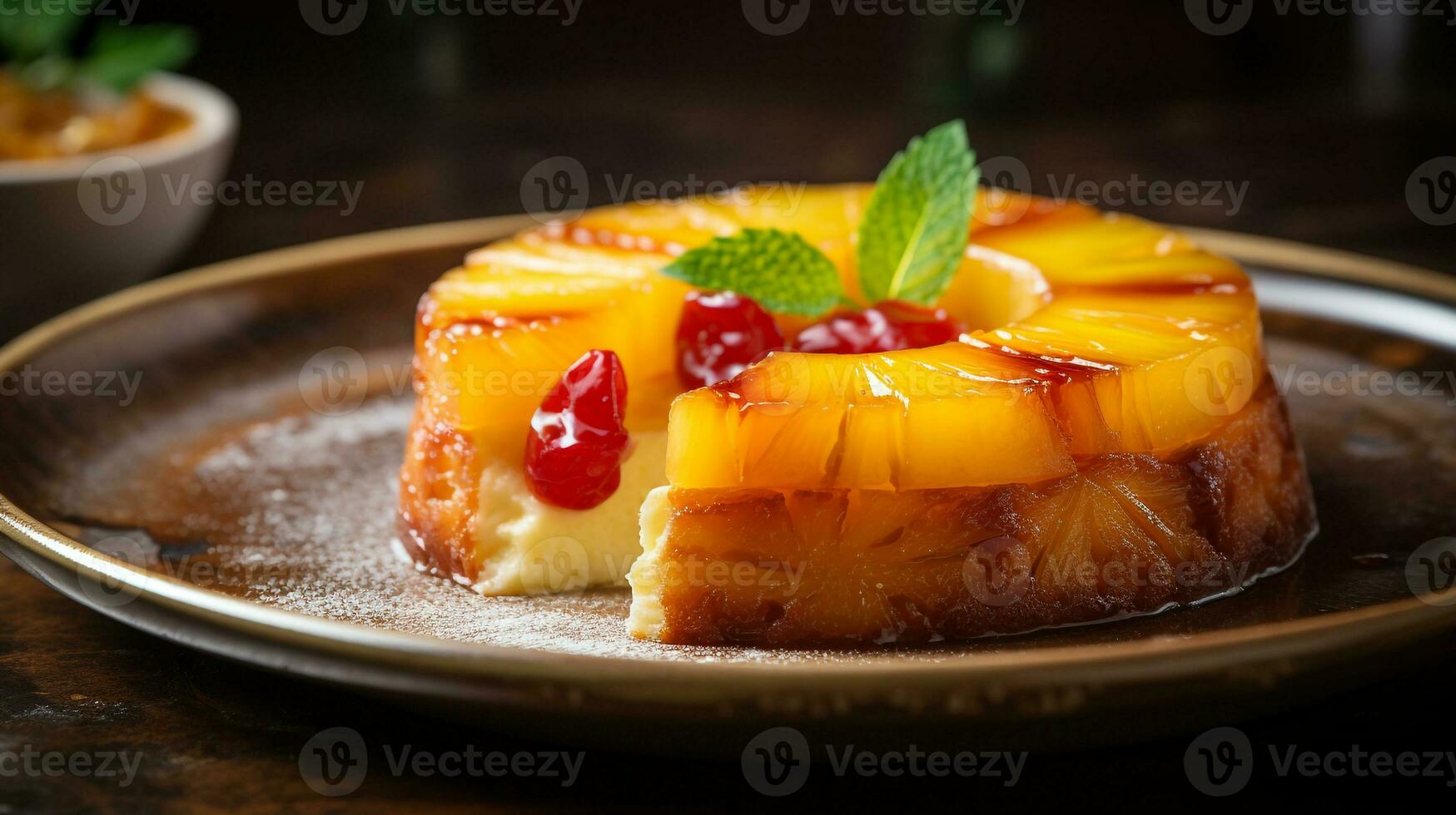 Photo of Pineapple Upside-Down Cake as a dish in a high-end restaurant. Generative AI