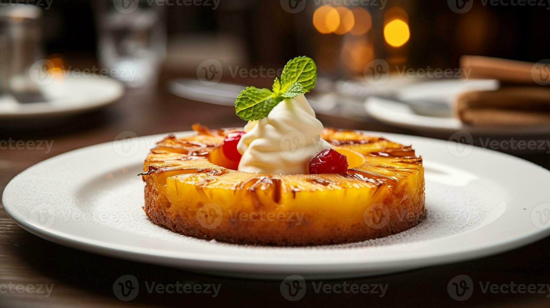 Photo of Pineapple Upside-Down Cake as a dish in a high-end restaurant. Generative AI