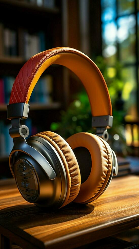 Virtual language learning, audiobooks concept, books and headphones on display Vertical Mobile Wallpaper AI Generated photo