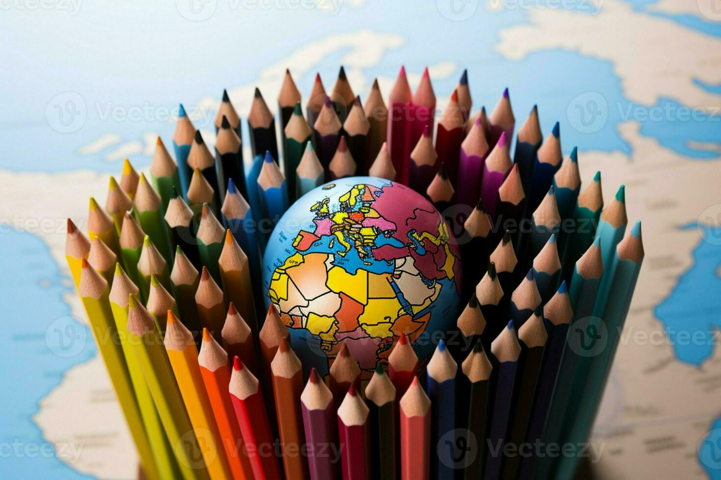 Various shades of color pencils frame a vibrant and worldly globe AI Generated photo