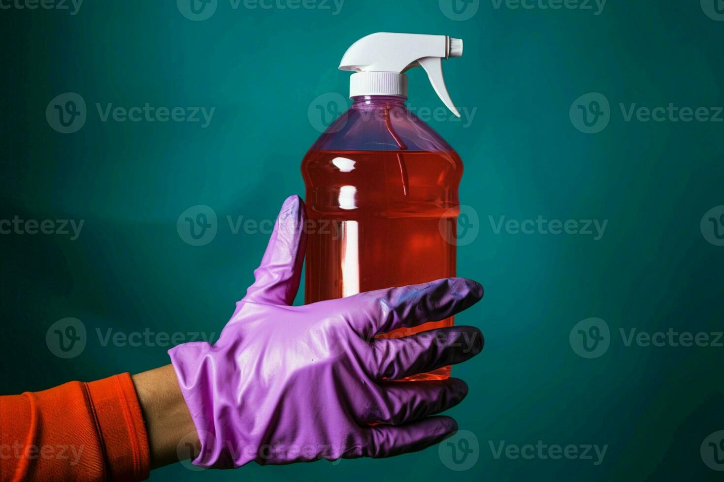 Close up of a person holding a detergent bottle in a studio setting AI Generated photo