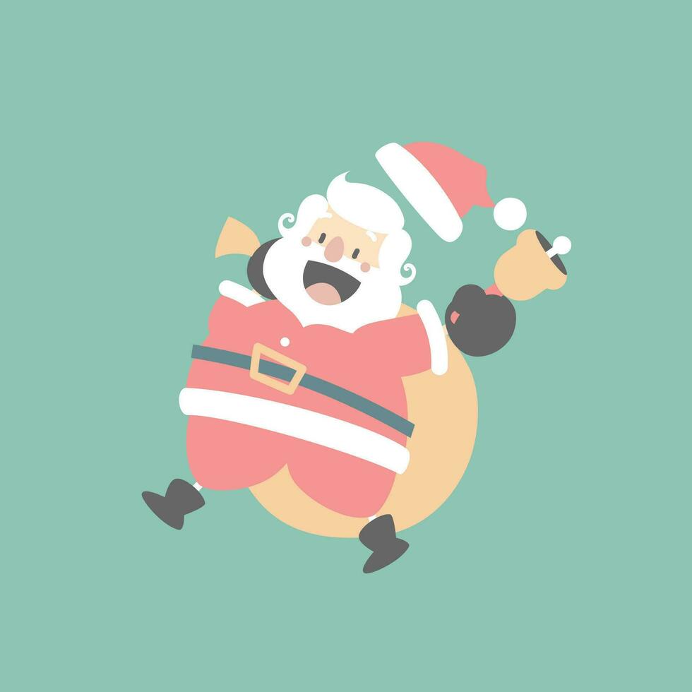 merry christmas and happy new year with cute santa claus and present gift christmas bag and bell in the winter season, flat vector illustration cartoon character costume design