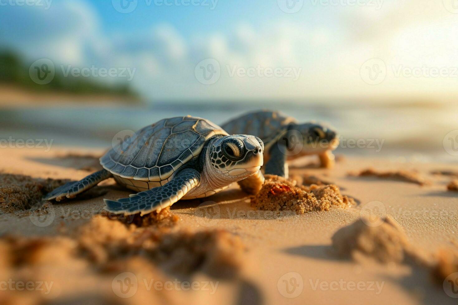 Sandy shore witnessed baby turtles hatching, embarking on their seaside adventure. AI Generated photo