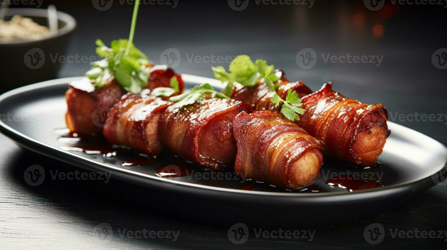 foto de envuelto en tocino fechas como un plato en un gama alta restaurante. generativo ai