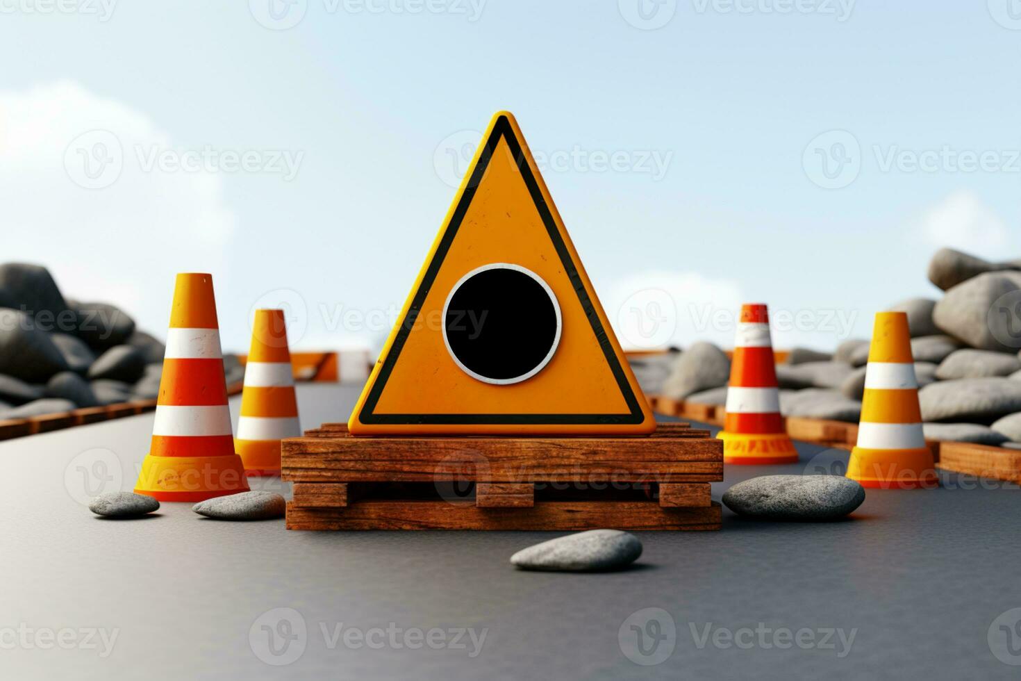 Symbolic road sign for construction showcased in 3D rendering on white surface. AI Generated photo