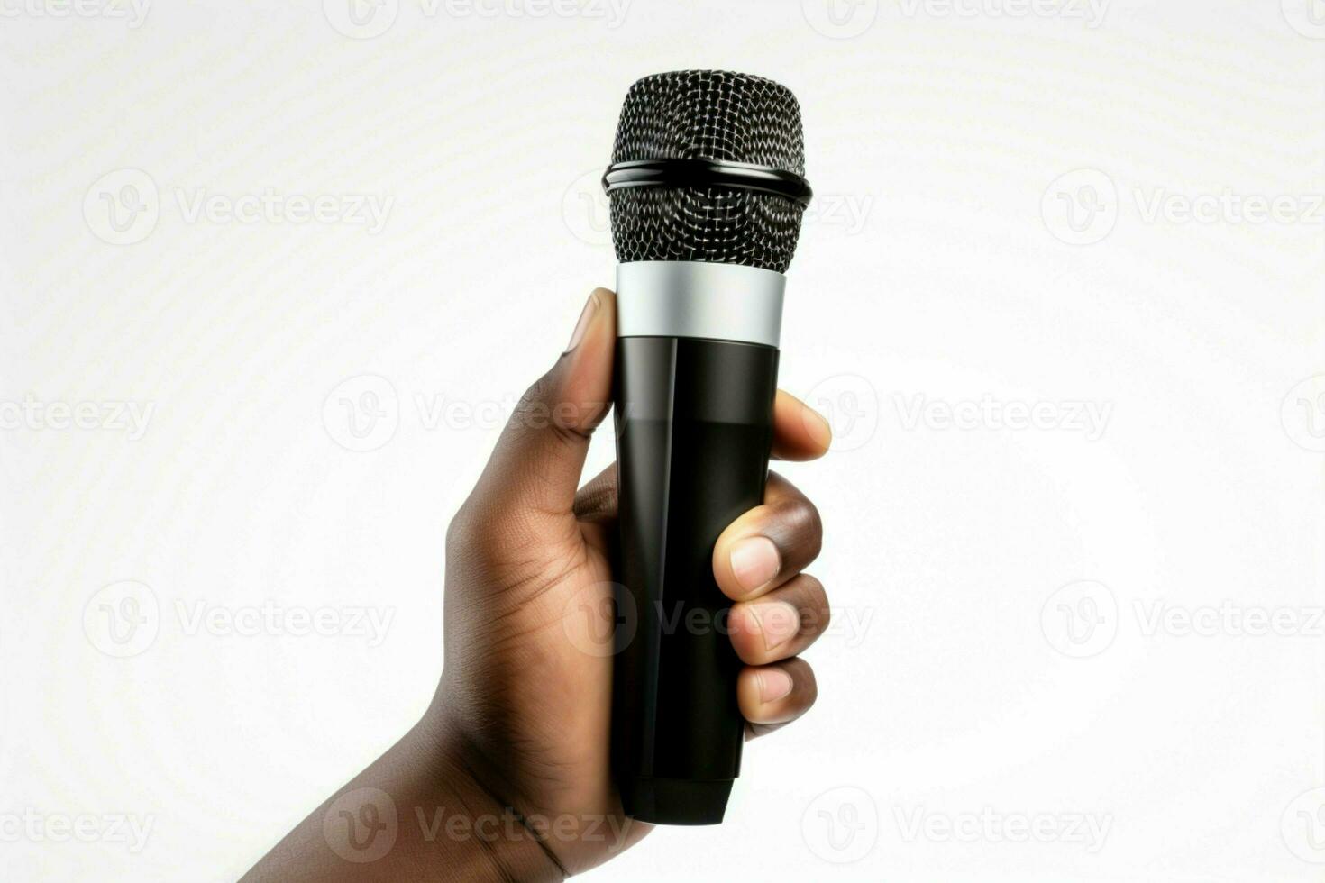 Confidence radiates as a wireless microphone is held against a white background. AI Generated photo