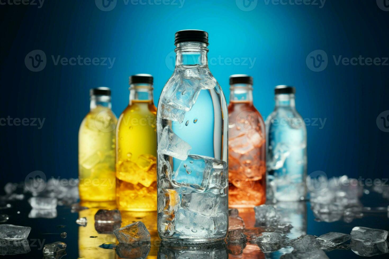 A symphony of color as cocktail bottles share space with shimmering ice AI Generated photo