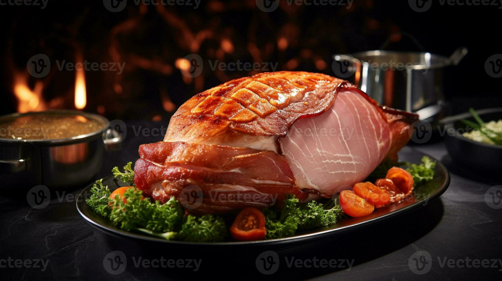 Photo of Baked Ham as a dish in a high-end restaurant. Generative AI