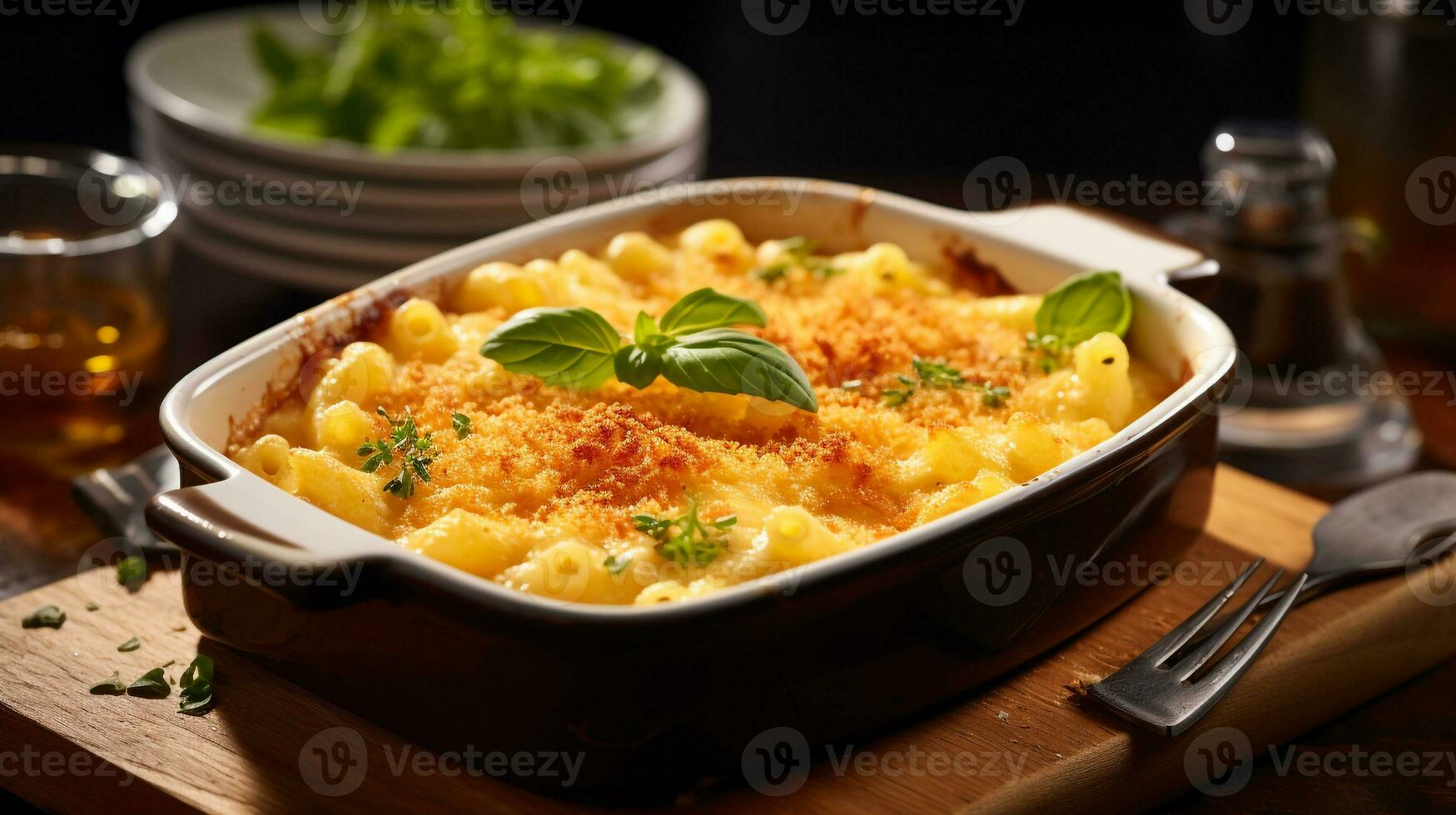 Photo of Baked Macaroni and Cheese as a dish in a high-end restaurant. Generative AI