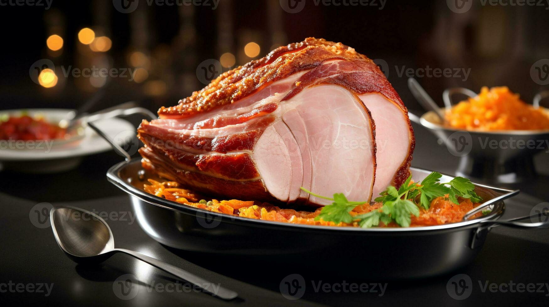 Photo of Baked Ham as a dish in a high-end restaurant. Generative AI