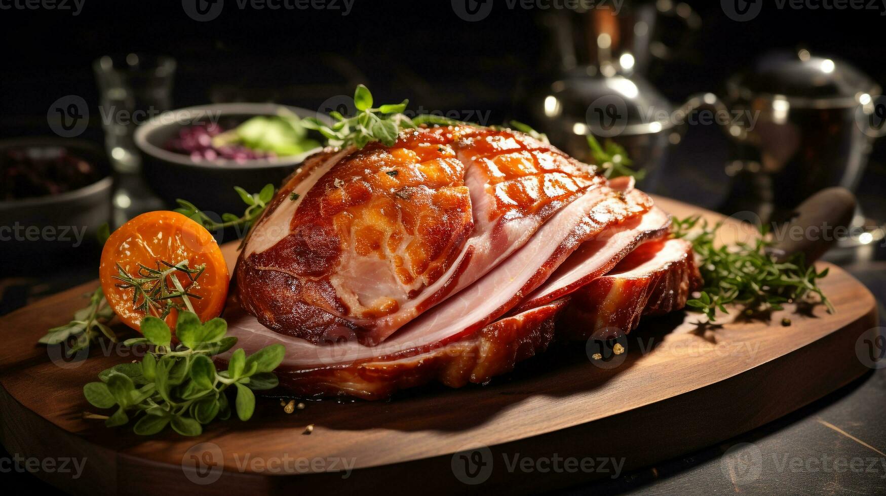 Photo of Baked Ham as a dish in a high-end restaurant. Generative AI