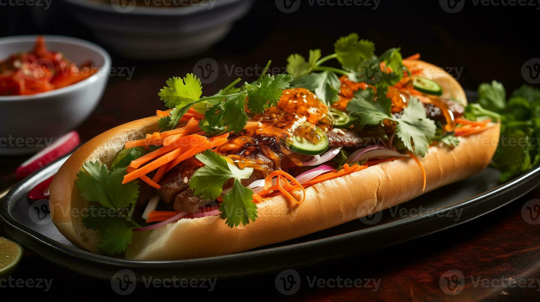 foto de banh mi como un plato en un gama alta restaurante. generativo ai